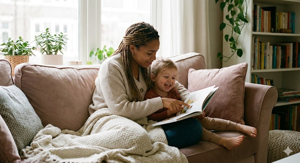 Au pair reading with child on couch