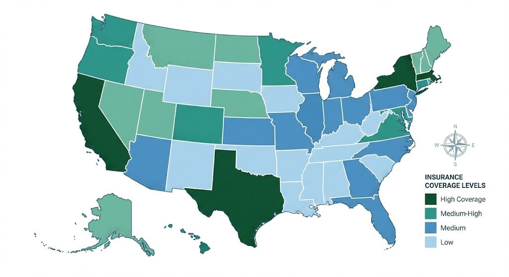 US map showing insurance coverage requirements by state